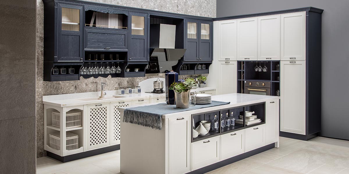 farmhouse style navy blue and white shaker kitchen cabinets with island