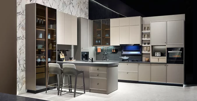 modern grey slim shaker kitchen cabinets with breakfast bar