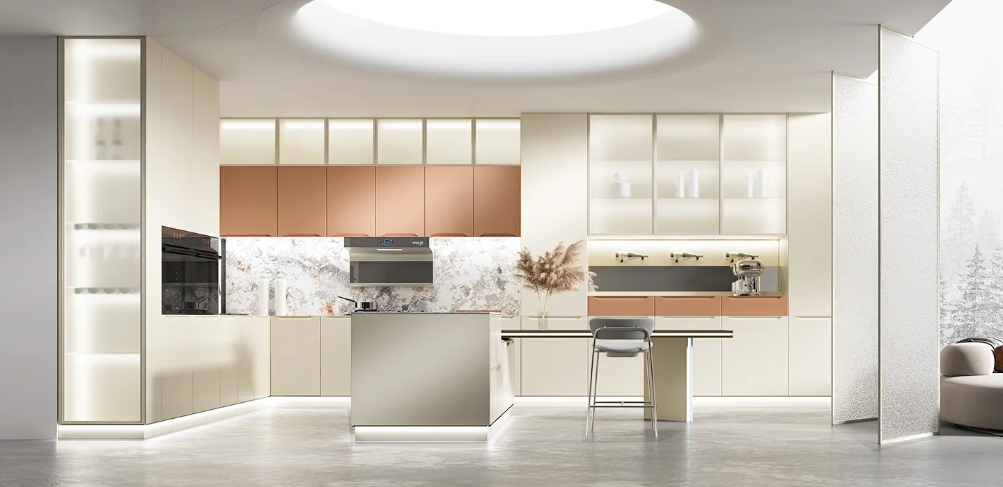 modern beige and light red two tone kitchen cabinets