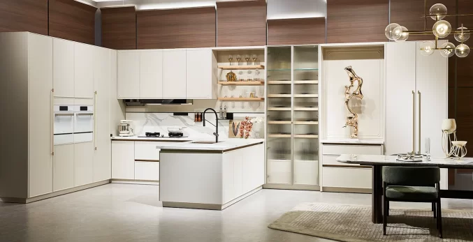 custom modern white L-shaped kitchen cabinets with peninsula