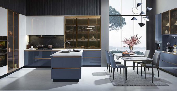 modern high gloss white and blue modular kitchen design