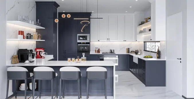 dark blue and white shaker kitchen cabinets