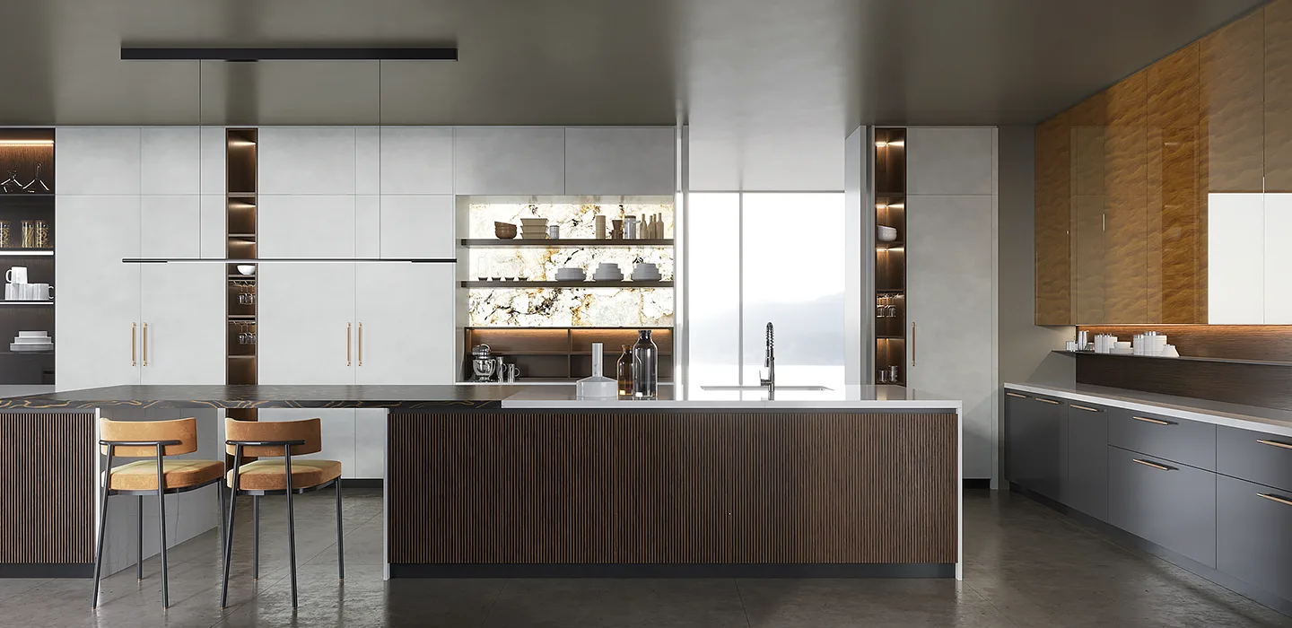 luxury wood veneer European kitchen cabinets