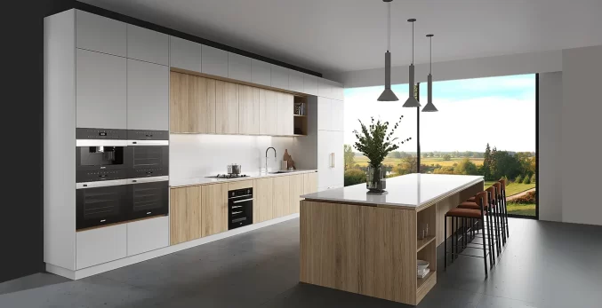 modern matte white and wood melamine kitchen cabinets