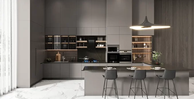 contemporary minimalist grey built-in kitchen cupboards