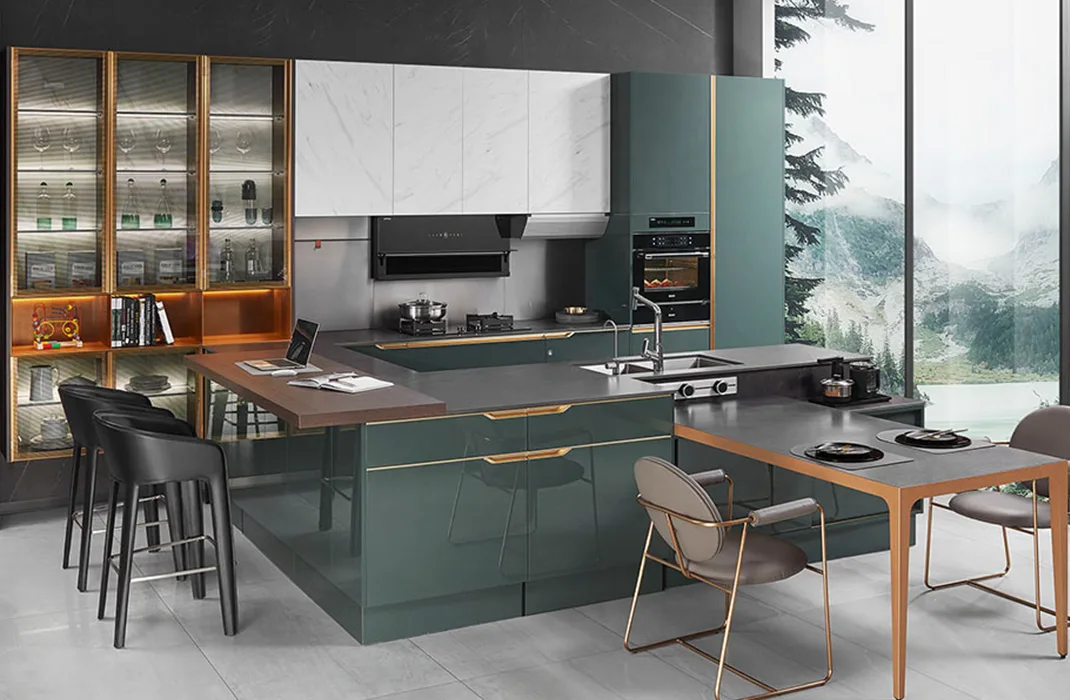 contemporary high glossy green and white G shaped kitchen cabinets